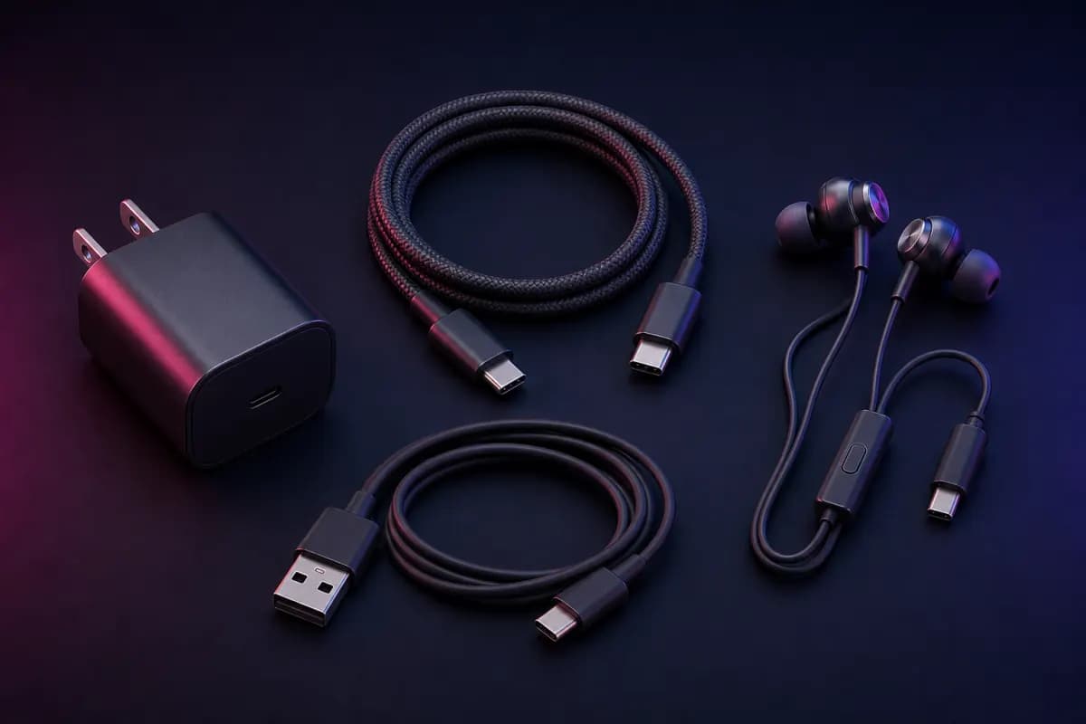 Illustration of chargers, USB-C cables and wired earphones