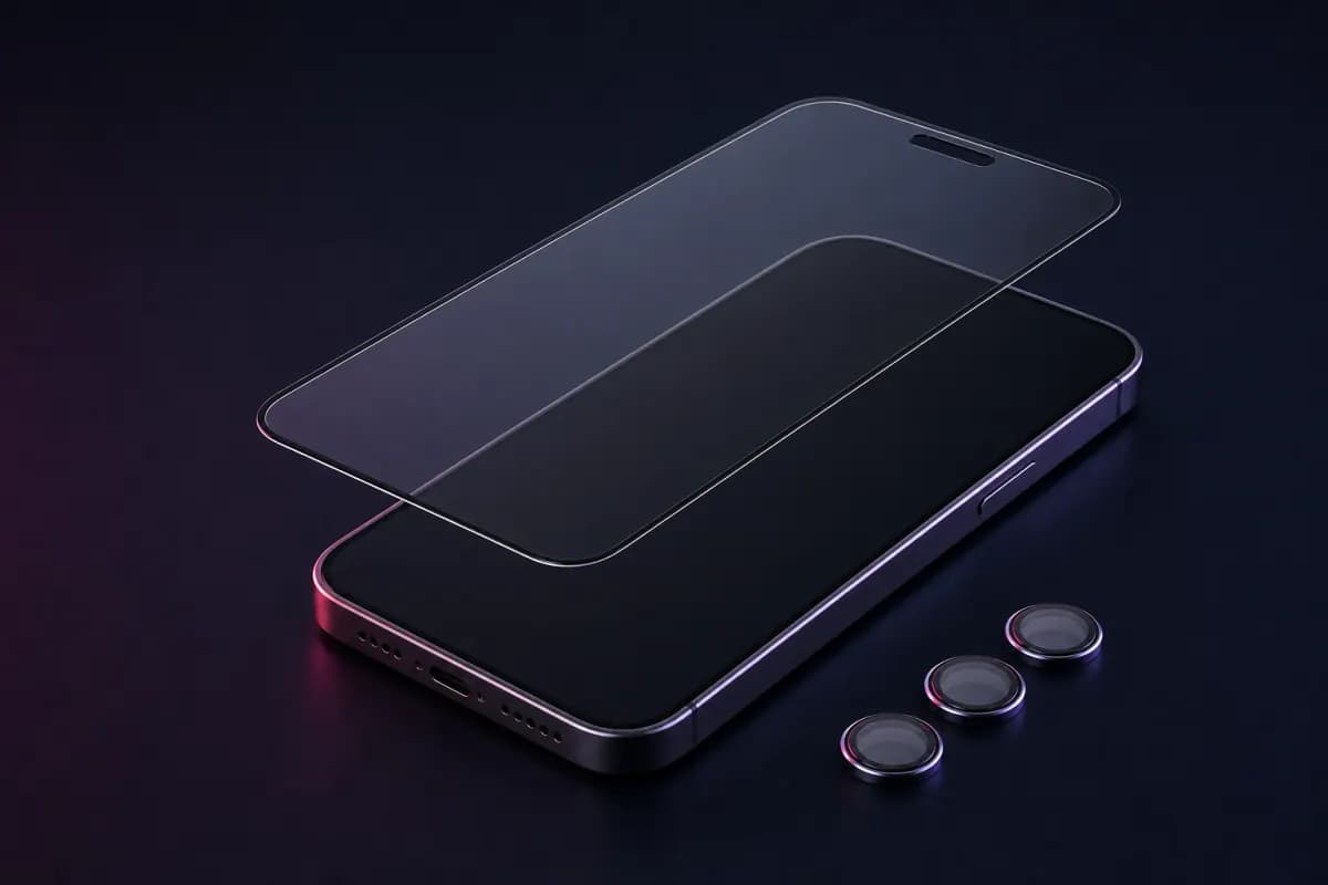 Illustration of a smartphone with tempered glass and camera-lens protectors