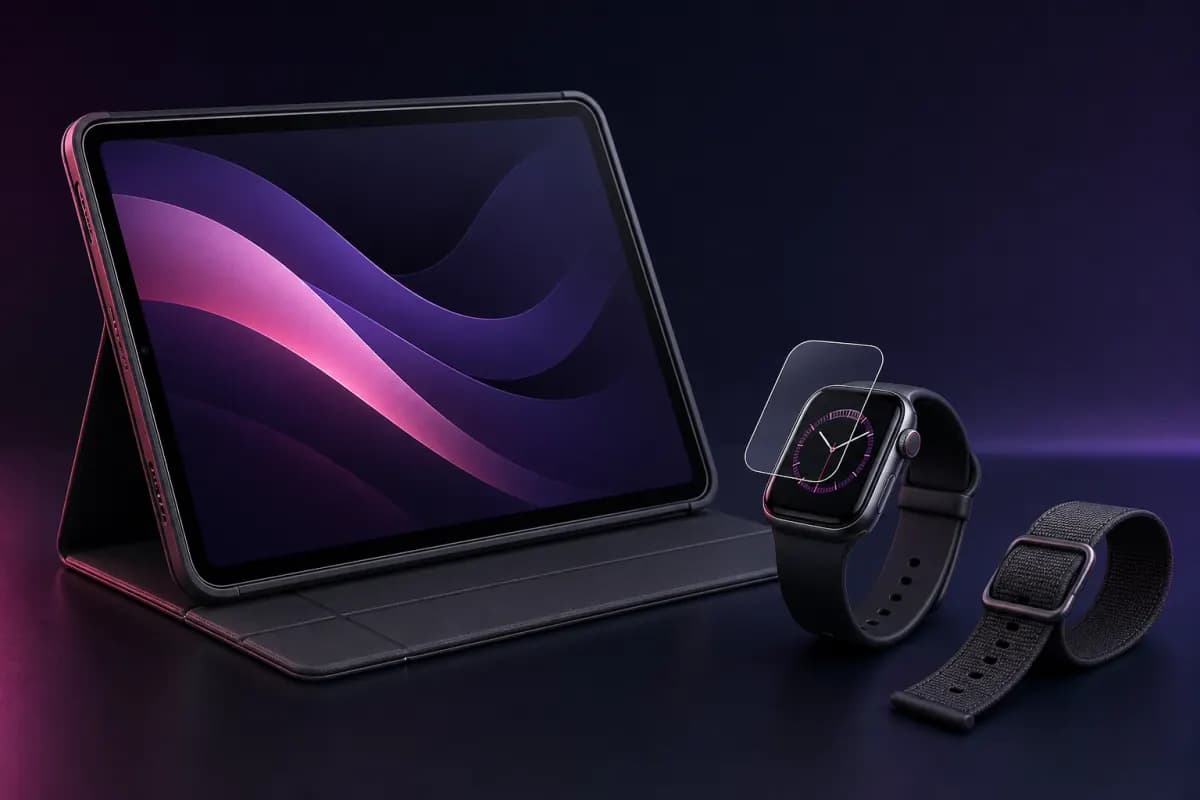 Illustration of a protected tablet and a connected watch with protective film
